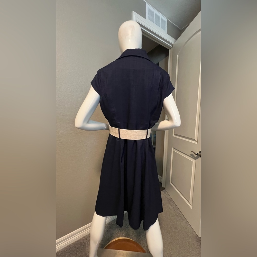 Tahari Navy Midi Dress with Tan Belt size 14 - Picture 3 of 11